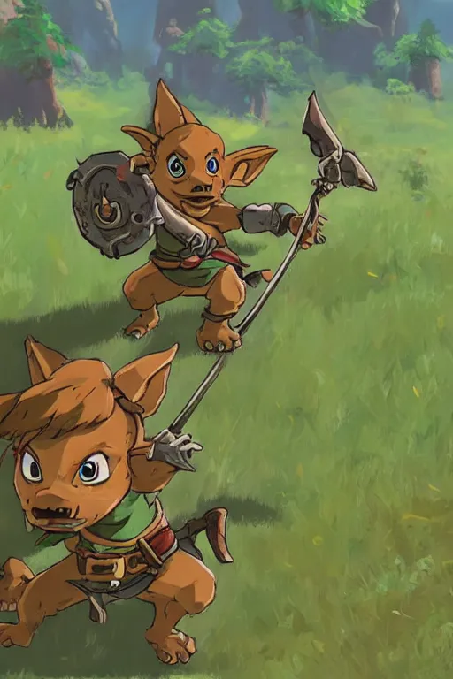 Prompt: a bokoblin from the legend of zelda breath of the wild, breath of the wild art style.