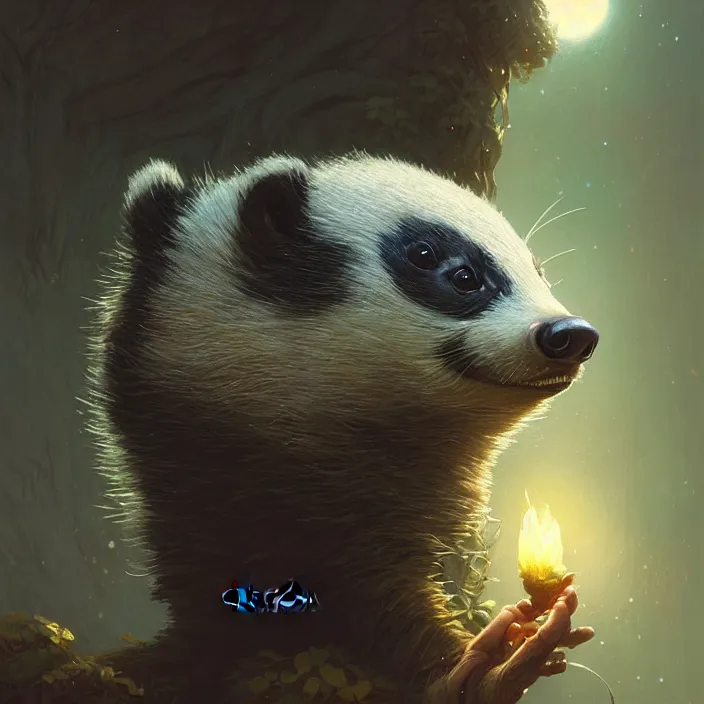 Image similar to highly detailed portrait of a cute badger, unreal engine, fantasy art by greg rutkowski, loish, rhads, ferdinand knab, makoto shinkai and lois van baarle, ilya kuvshinov, rossdraws, tom bagshaw, alphonse mucha, global illumination, radiant light, detailed and intricate environment