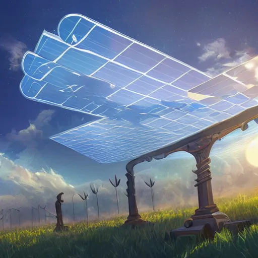 Image similar to a large solar panel charging station, complicated, intricate, elegant, fantasy, highly detailed, digital painting, concept art, sharp focus, illustration, beautiful volumetric lighting, epic light, artstation, magic hour lighting, colorful, sunshine, springtime, art by Sylvain Sarrailh