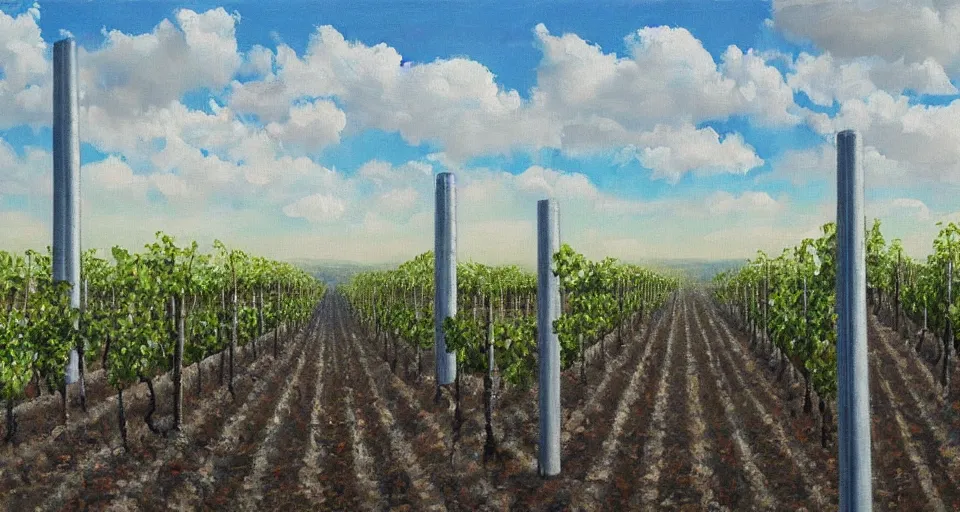 Prompt: world of only concrete, a flat endless plane of concrete covered in thin, very tall concrete pillars that go on to the horizon, vines growing on the pillars, open sky, blue sky with clouds, god rays, beautiful painting, oil on canvas, by Ewa Czarniecka, award winning masterpiece,