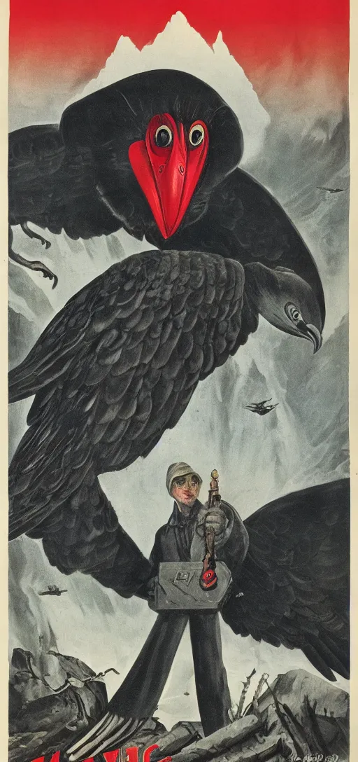 Image similar to mistery man in hood and red eyes with a dager, and a vulture, 1940s propaganda poster, full hd,highly detailed