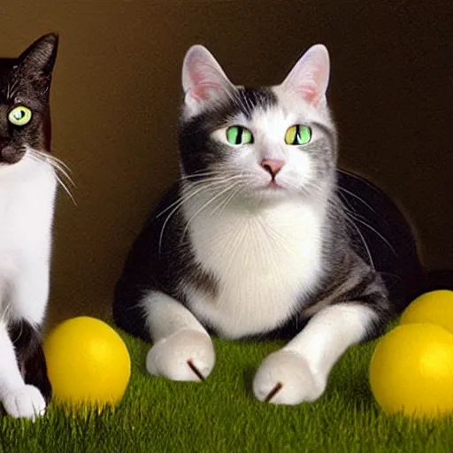 Image similar to [two cat] in the picture [white cat with green eyes] to the left, [black cat with yellow eyes], to the right