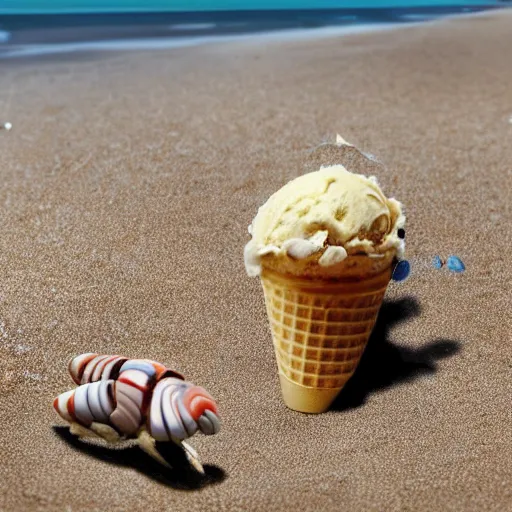 Prompt: donald trump, crying in a beach resort becase his ice cream cone fell on the sand. Hermit crabs surround the cone. Realistic, detailed, photorealistic.