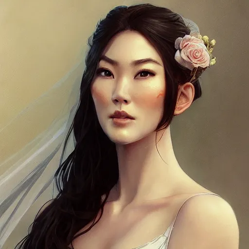 Image similar to cindy moon in a wedding dress, cg animation, riot entertainment, arcane, realistic, character select portrait, by artgerm, greg rutkowski, alphonse mucha, 3 d