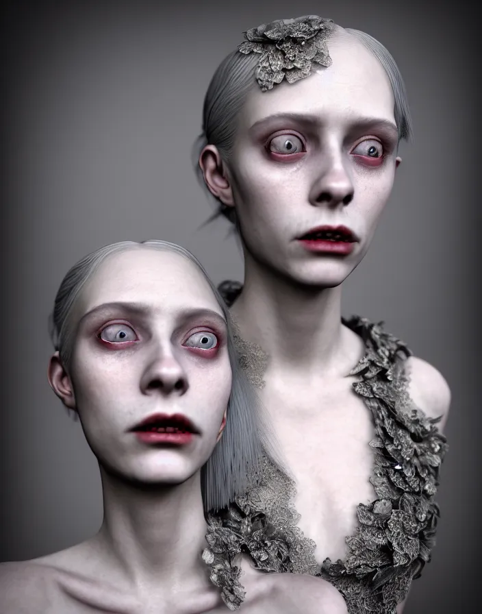 Prompt: surreal highly detailed photo portrait of young female vampire, silver hair, depressing hopeless horrific vibe, 150 mm lens, soft rim light, fine floral lace collar, Alexander McQueen, high fashion, haute couture, rococo, anatomical, elegant, hyper realistic, octane render, unreal engine, by Man Ray and Dora Maar, volumetric lighting, 8k, vibrant reflective metallic coloring