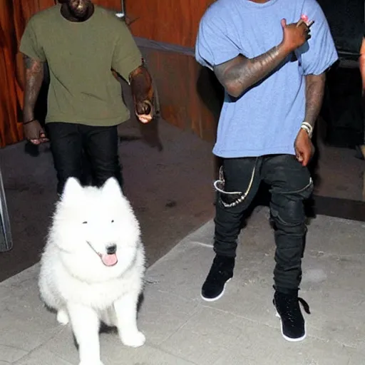 Image similar to kanye west and happy samoyed