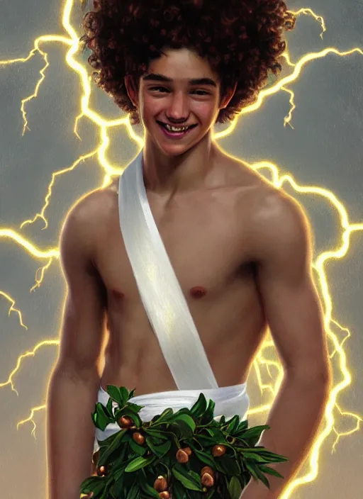 Image similar to portrait of teenage zeus, greek, short curly copper hair, smiling mischievously, wearing a white sash, olive tree, intricate, elegant, lightning bolt, glowing lights, highly detailed, digital painting, artstation, concept art, smooth, sharp focus, illustration, art by wlop, mucha, artgerm, and greg rutkowski