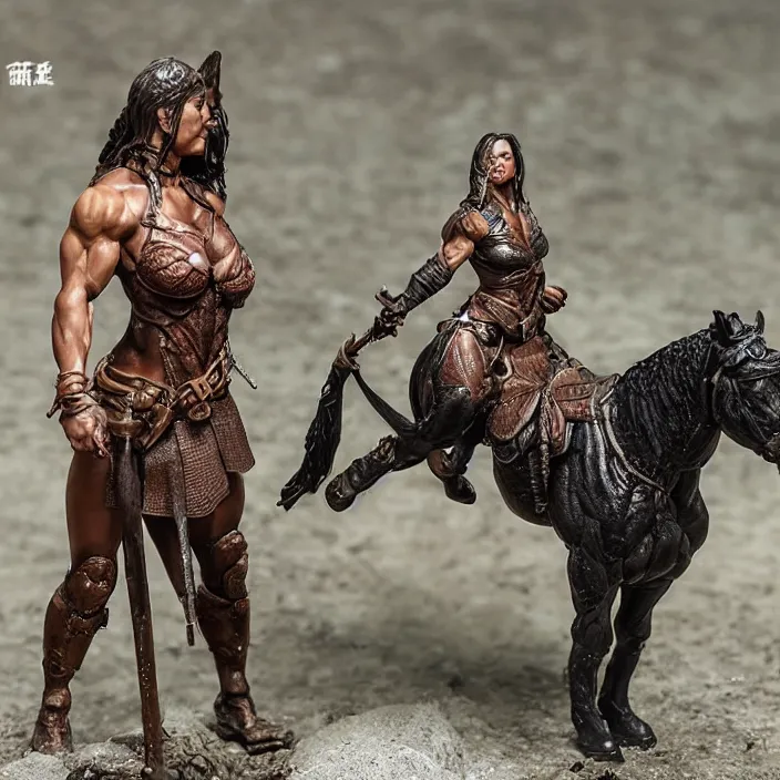 Image similar to 80mm resin detailed miniature of a Muscular Woman warrior standing next to a Horse, Product Introduction Photos, 4K, Full body, simple background