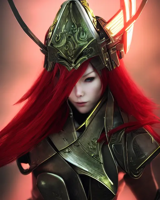Prompt: red - haired final fantasy samurai woman, warframe armor, regal, attractive, ornate, sultry, sexy, beautiful, elize theron, pretty face, green eyes, scifi platform, 4 k, ultra realistic, epic lighting, illuminated, cinematic, black gold, art by akihito tsukushi, voidstar