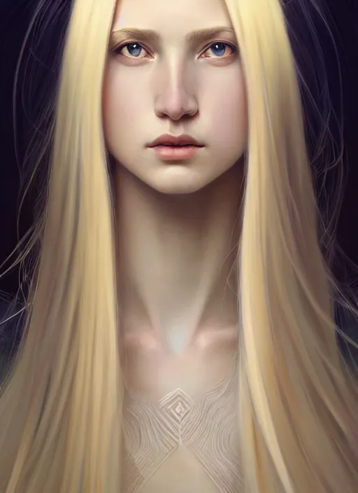 Image similar to beautiful symmetrical face! portrait of young woman blessed with ever - increasing physical and mental perfection, realism, blonde hair, perfect face!! intricate, elegant, highly detailed, vision of holy perfection!! digital painting, artstation, concept art, smooth, sharp focus, illustration, humanity, art by artgerm and greg rutkowski and alphonse mucha