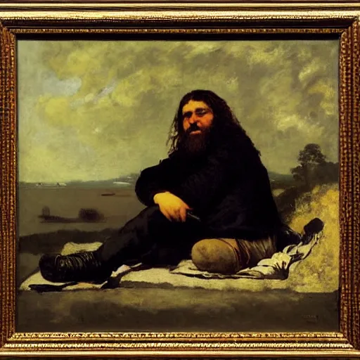 Prompt: a painter sits pensively selling his paintings. created by gustave courbet.