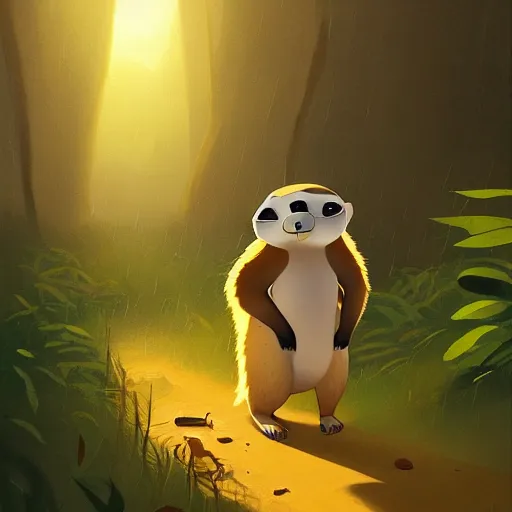 Prompt: goro fujita ilustration a beautiful meerkat!!!! walking calmly through a rain forest with the first rays of sun by goro fujita, painting by goro fujita, sharp focus, highly detailed, artstation