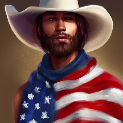 Image similar to a portrait of a teenager with a cowboy hat on with an American flag scarf, D&D, sci-fi, elegant, hopeful, muscular, highly detailed, digital painting, artstation, concept art, smooth, sharp focus, illustration