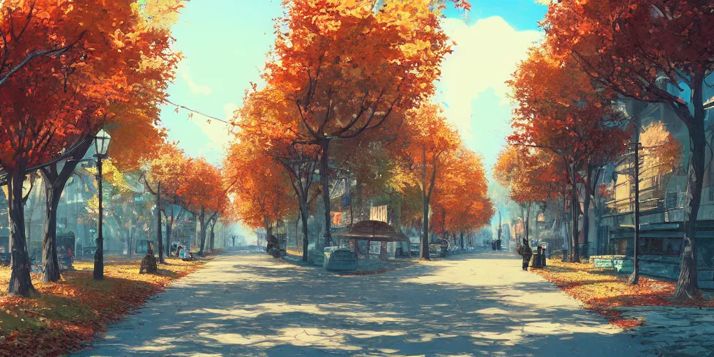 Image similar to autumn street with falling leaves, evening, highly detailed, low angle view, studio ghibli, artstation