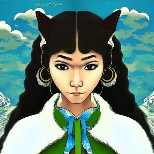 Image similar to “Zendaya, portrait!!! Mononoke-hime style, cartoon, blue sky with white clouds green hills and mountains on the background, fantasy, photorealistic, concept Art, ultra detailed portrait, 4k resolution”