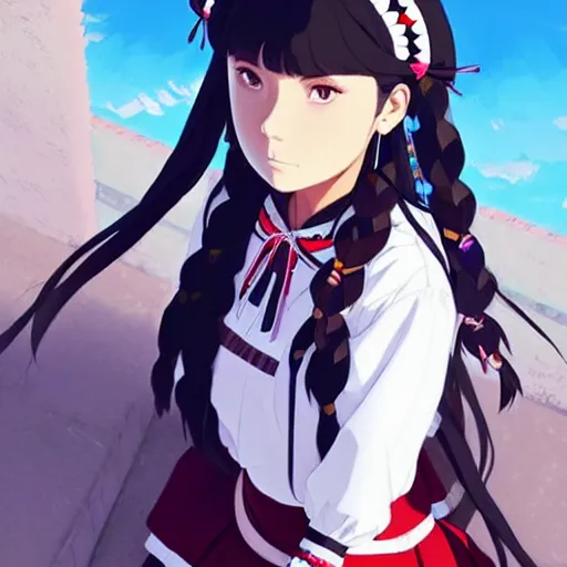 Image similar to a beautiful! plus sized native women instagram model, wearing catholic school girl outfit with mayan pattern and native style, jrpg aztec street fashion, gapmoe yandere grimdark, trending on pixiv fanbox, painted by greg rutkowski makoto shinkai takashi takeuchi studio ghibli, akihiko yoshida