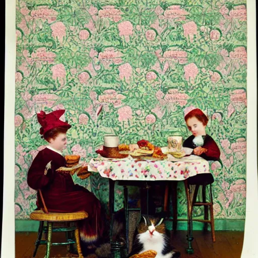 Image similar to a girl has breakfast with her cat at the table filled with food, flowery wallpaper, 1 8 8 0 s style, professional photography, color