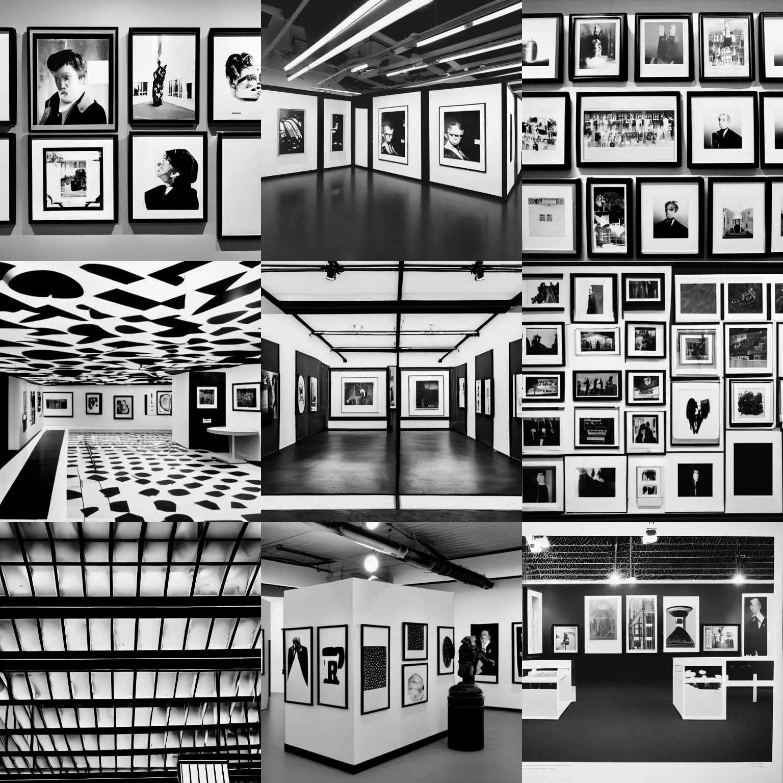 Prompt: A black and white photography in sérigraphie of an exhibition space, in the style of Marcel Broodthaers