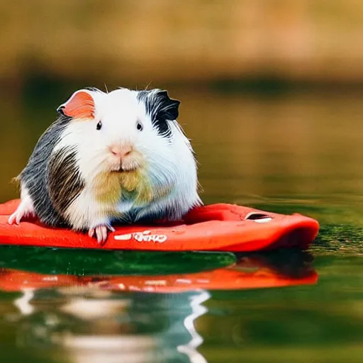 Prompt: a guinea pig sitting on a kayak on a calm stream