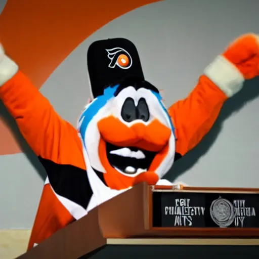 Image similar to Gritty the Philadelphia Flyers mascot delivering a speech at the United Nations