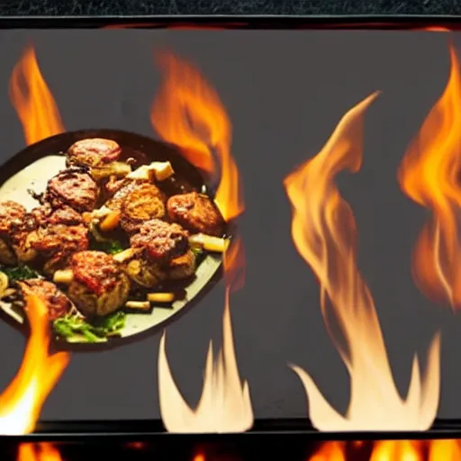 Image similar to a still frame from the Modernist cuisine cookbook featuring a cross-section of cooking over fire, black background.