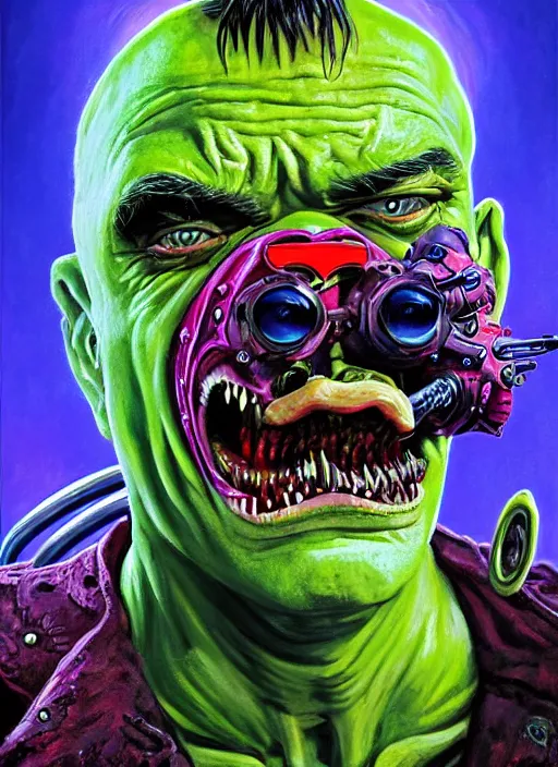 Prompt: gap toothed peter lorre as an apocalyptic scifi orcish biker character, psychedelic vibrant colors, futuristic punk rock fashion, oil painting by michael whelan art, perfect face, sharp focus, detailed eyes, realistic, 8 k