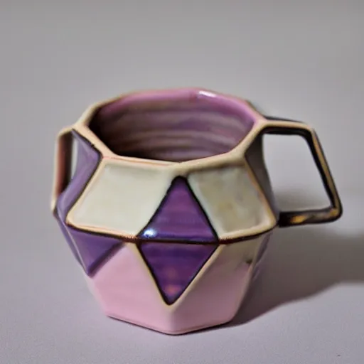 Prompt: icosahedron geodesic triangle pottery mug glazed with pearlescent purples and pinks