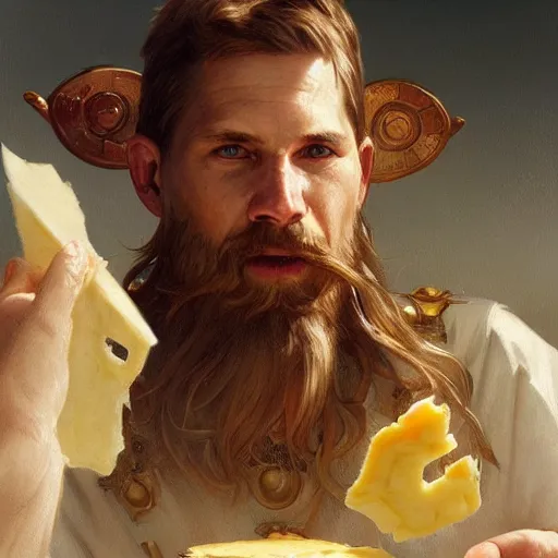 Prompt: a portrait of Viking devouring cheese, highly detailed, digital painting, artstation, concept art, sharp focus, illustration, art by artgerm and greg rutkowski and alphonse mucha