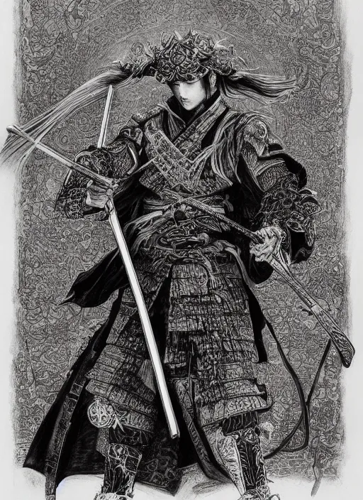 Prompt: samurai with a katana by kentaro miura!, full frame, dark futuristic world, mysticism, intricate, highly ornate dark trim armoury, masterpiece, by gene wolfe, by gustave dore, black and white, highly detailed