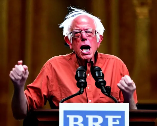 Prompt: Super Saiyan Bernie Sanders screams during philibuster speech in the Senate Chamber, super saiyan hair, long blond hair, glowing golden aura, wind blowing papers from the podium (AP Photo)