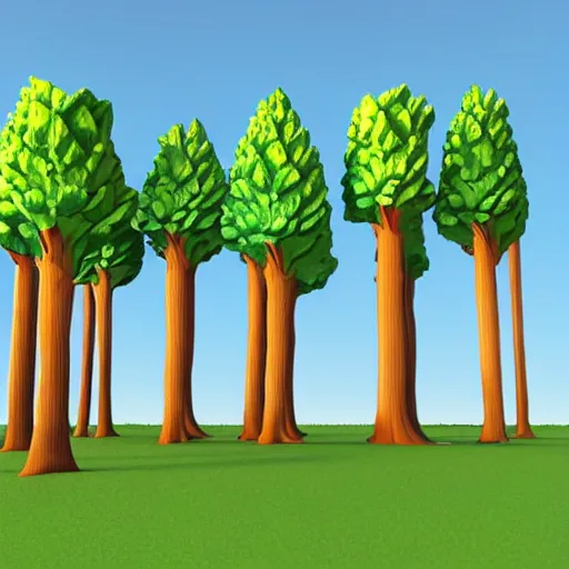 Image similar to forest of many 3 d cartoon trees, all unique, colourful