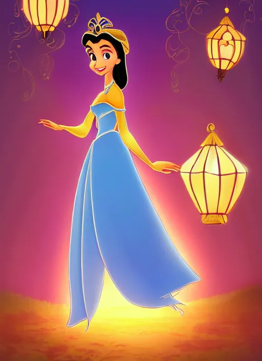 Prompt: kid's film character of a very very beautiful detailed character design of a cartoon princess, disney style movie poster princess jasmine from aladdin at a lantern festival with flaoting lanterns, deviantart, highly detailed background with a lake, the style of disney, artstation deviantart, children's cartoon princess. clean promotional artwork. children's movie. disney official coverart