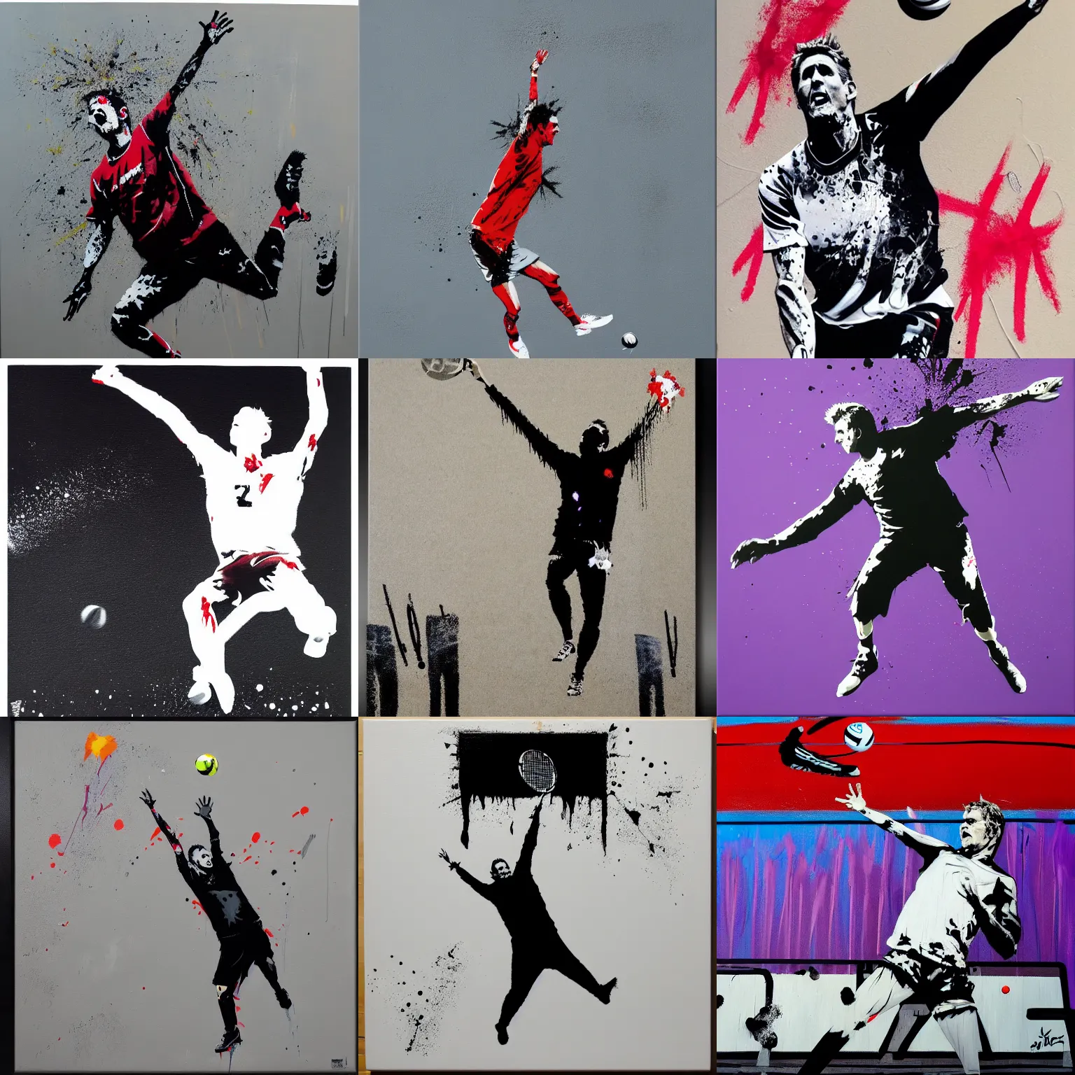 Prompt: karch kiraly, mid air, jump - serve, acrylic on canvas, banksy, splattered paint, black background, trending on artstation
