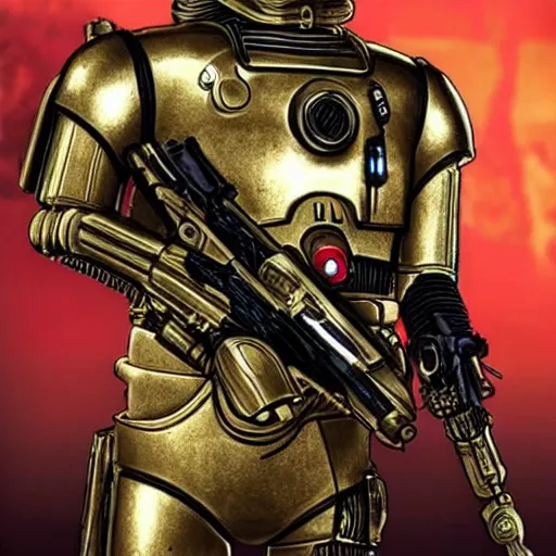 Prompt: C3PO in Gears of War, wearing a trench coat