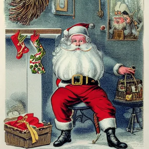 Image similar to currier and ives print showing santa claus on a toilet with his pants around around his ankles, highly detailed, family friendly