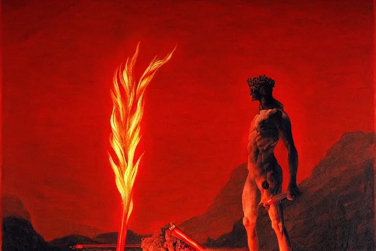 Image similar to only with red, a red melted apollo with a laurel wreath and a flaming sword announce win, athens in background, in the style of beksinski, parts by edward hopper, parts by rodcenko, parts by yue minjun, intricate and epic composition, red by caravaggio, insanely quality, highly detailed, masterpiece, red light, artstation, 4 k