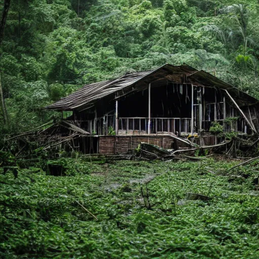 Prompt: Photo of an abandoned building in a rainforest, raining, Sigma 100mm, long shot