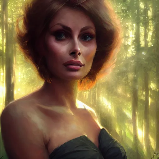 Image similar to closeup portrait of a young sophia loren, elf ears, forest background, megacity, high fantasy, dramatic light, gorgeous view, depth, high detail, digital art, painted by greg rutkowski, trending on artstation