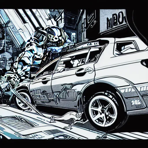 Image similar to beautiful detailed comic illustration of an evil robot mecha dinosaur destroying a subaru impreza cyberpunk, neon