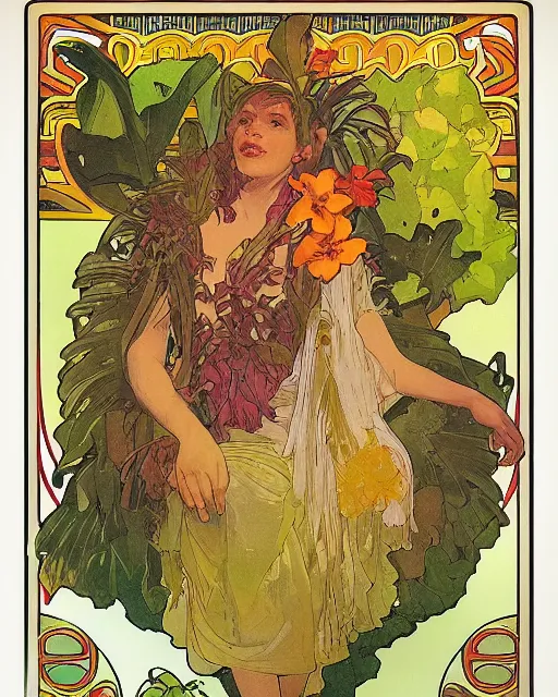 Image similar to a realistic cookbook photograph of a bacalaito fritter surrounded by tropical iconography and a variety of tropical flora, cell shading, by Alphonse Mucha, by Moebius, by hiroshi yoshida, Art Nouveau, colorful, ultradetailed, vivid colour, 3d