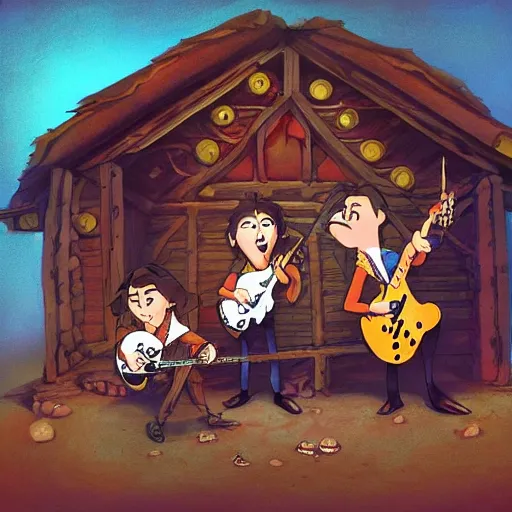 Image similar to rats playing in a rock band inspired by the beatles, inside a wooden house, style by disney, studio ghibli, pixar, intricate, highly detailed, digital painting, artstation, concept art, 7 0 s pallete, high quality, trending on artstation