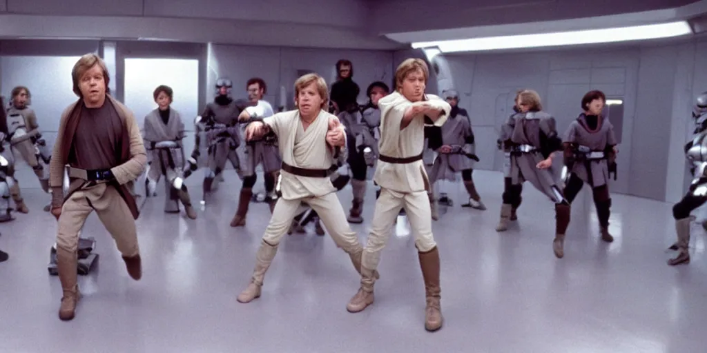 Image similar to A still of Mark Hamill as Jedi Master Luke Skywalker training a group of diverse young Jedi students in a Sci-fi room, in a Star Wars Sequel, 1990, Directed by Steven Spielberg, 35mm