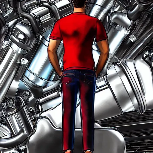 Image similar to man standing inside a v 8 engine, pistons are firing in the background, he is panicking, digital art, in the style of artgerm