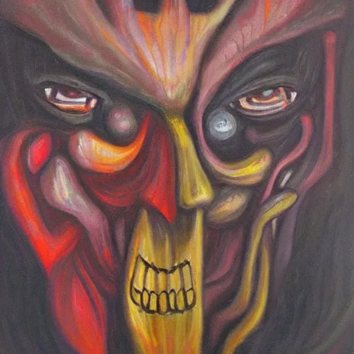 Image similar to Demonic characters and symbols, oil on canvas, detailed