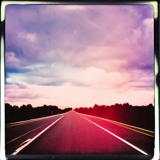 Image similar to instant photograph of the sky, polaroid, raw, beautiful, nostalgic, light leak, sunset, clouds, highway