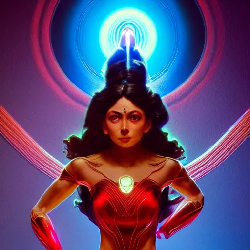 Image similar to darna, wax figure, glowing eyes, volumetric lights, red and cyan theme, art nouveau botanicals, intricate, highly detailed, digital painting, artstation, concept art, smooth, sharp focus, cinematic, illustration, beautiful face, art by artgerm and greg rutkowski and alphonse mucha