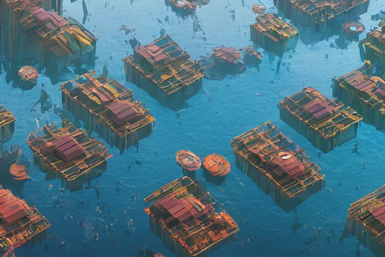 Prompt: first person perspective digital illustration of a floating water village by beeple and Roger Dean:1|fantasy, horizontal symmetry, cinematic, architectural design by Frank Gehry:0.9|Unreal Engine, Octane, finalRender, devfiantArt, artstation, artstation HQ, behance, HD, 16k resolution:0.8