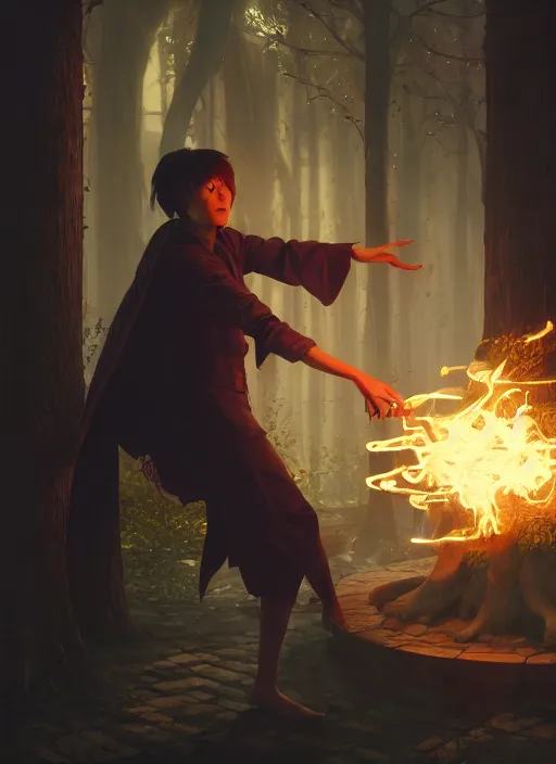 Image similar to highly detailed vfx portrait of a magician casting a fire spell, unreal engine, greg rutkowski, only, once, beeple, makoto shinkai and lois van baerle, ilya kuvshinov, rossdraws, tom bagshaw, alphonse mucha, global lighting, detailed and complex environment