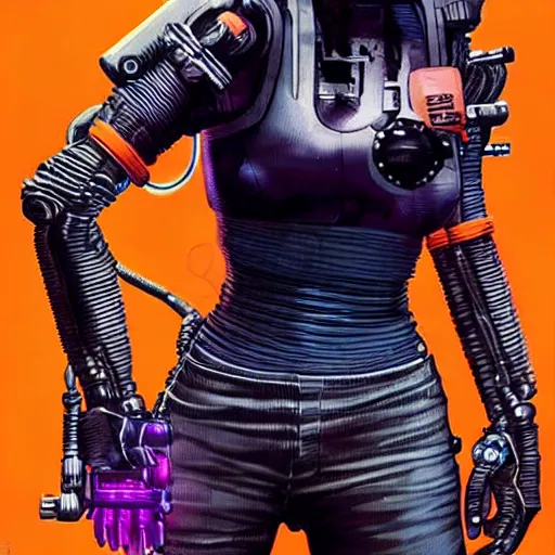 Prompt: mechanic wearing cyberpunk 2 0 7 7 industrial mechanical arms. orange and black color scheme. mechanical concept art by james gurney and mœbius.