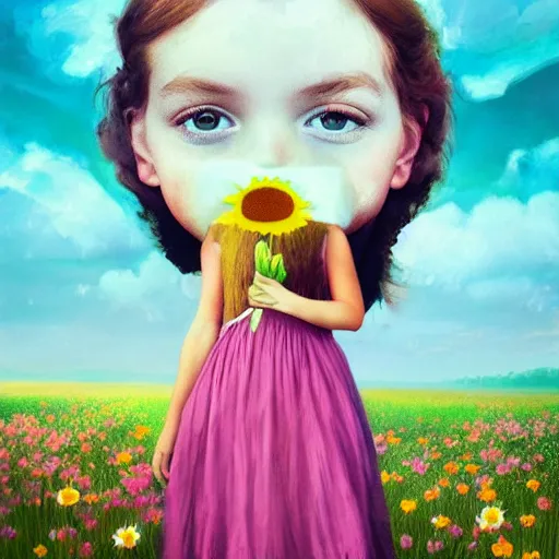 Image similar to daisy flower for a face, portrait of girl in flower field, holding daisy, surreal photography, sunrise, impressionist painting, colorful clouds, digital painting, artstation, simon stalenhag, flower face